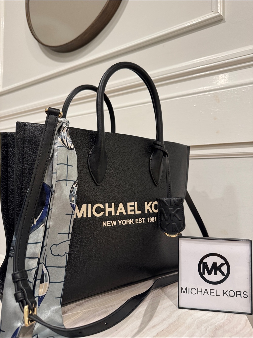 Michael Kors Bag Black Pebbled Leather Logo Structured Tote Satchel Crossbody
